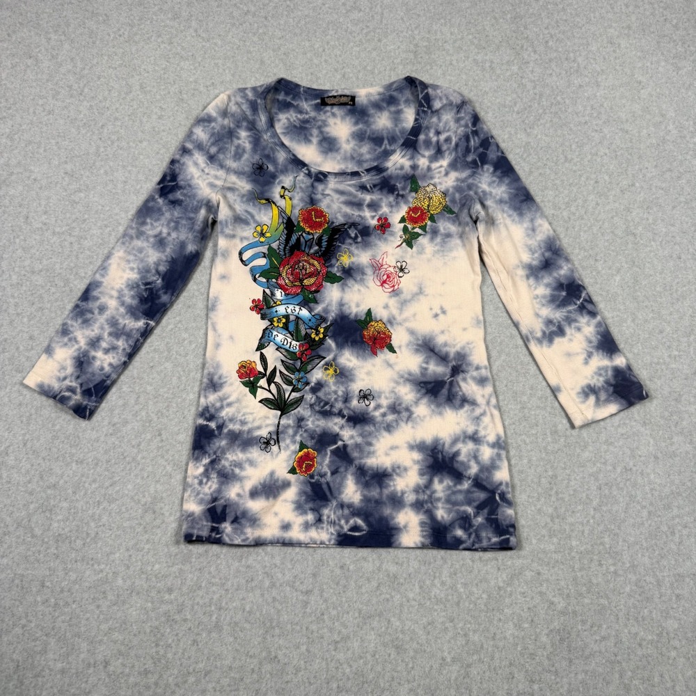 Vintage Y2K Vanilla Sugar Blue Tie Dye Tattoo Grunge Biker 3/4 Sleeve Large